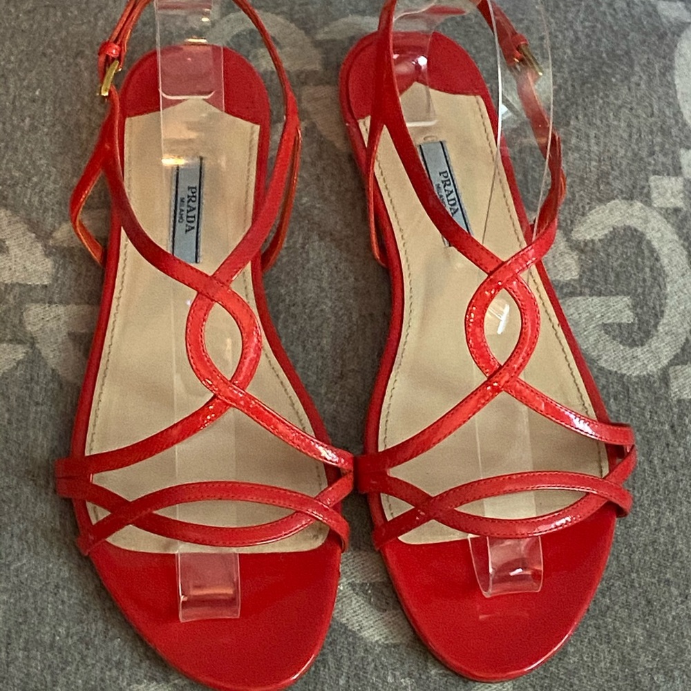 AUTH PRADA RED PATENT LEATHER SANDALS